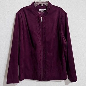 TanJay Wine Merlot Burgundy Brushed Faux Suede Front Zip Jacket Blazer 18